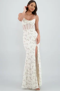 Vestido maxi de encaje con flores y varillas