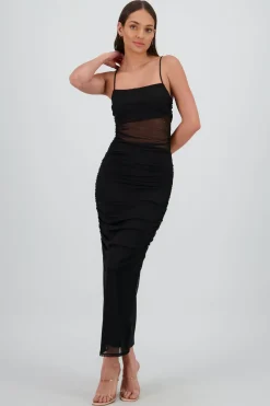 Vestido maxi drapeado mesh