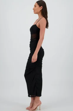Vestido maxi drapeado mesh