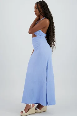 Vestido maxi halter textura cutout