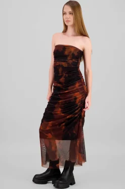 Vestido maxi mesh drapeado strapples