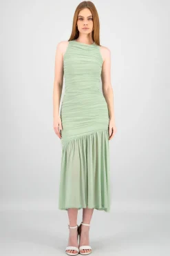 Vestido maxi mesh fruncido