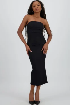 Vestido maxi strapless drapeado hypsters