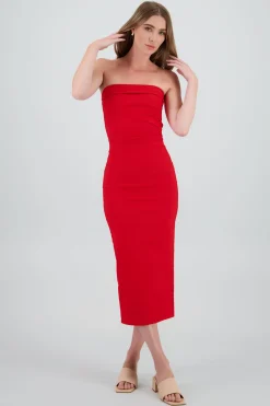 Vestido maxi strapless drapeado hypsters