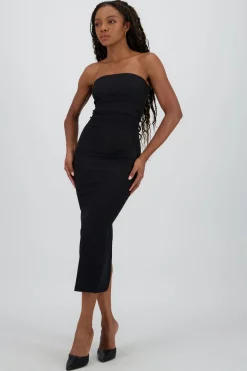 Vestido maxi strapless drapeado hypsters