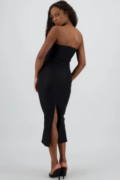 Vestido maxi strapless drapeado hypsters
