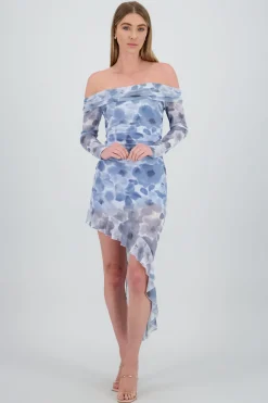 Vestido midi asimetrico sin hombros flores