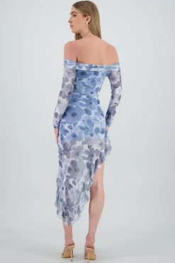 Vestido midi asimetrico sin hombros flores