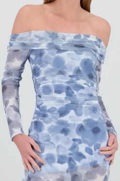 Vestido midi asimetrico sin hombros flores