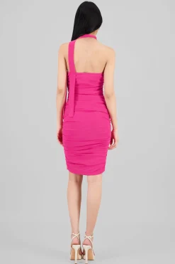 Vestido midi drapeado mesh detalle bufanda