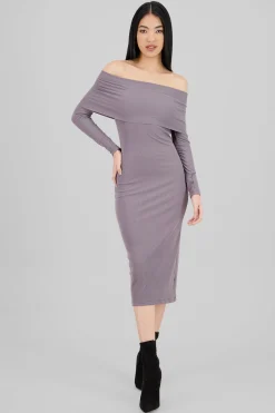 Vestido midi manga larga rib off shoulder