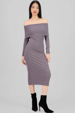 Vestido midi manga larga rib off shoulder