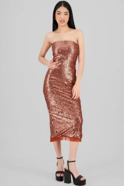 Vestido midi strapless lentejuelas