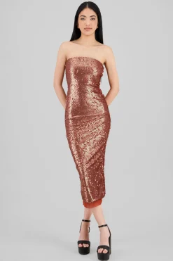 Vestido midi strapless lentejuelas