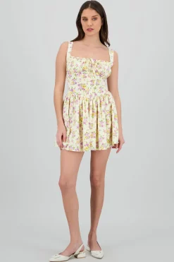 Vestido mini escote plisado flores