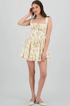 Vestido mini escote plisado flores