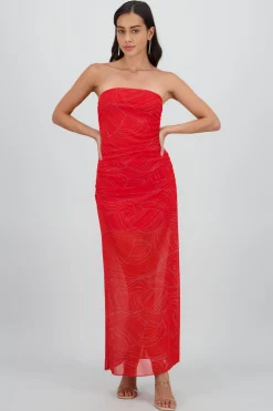Vestido strapless midi drapeado detalle brillos