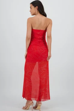 Vestido strapless midi drapeado detalle brillos